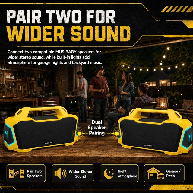 Alt view image 7 of 7 - 80W Portable Bluetooth Speaker, Loud Bass, IPX6 Waterproof, Yellow Bright yellow speaker for picnic, tailgate, RV, workshop, projector nights, boat deck, cookouts, USB/AUX music