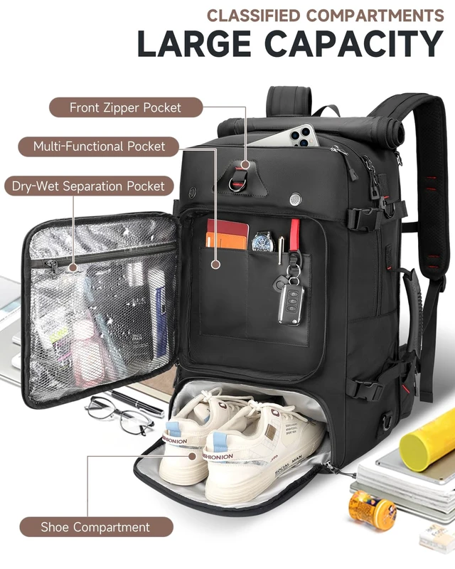 Alt view image 3 of 7 - Travel backpack for men,60L Extra Large Carry on Backpack Durable Convertible Duffle Bag with Shoe Compartment Fit for 17 Inch Laptop for travel, camping,Weekender Hiking