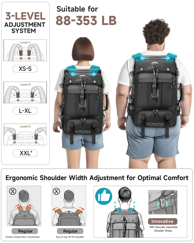 Alt view image 2 of 7 - Travel backpack for men,60L Extra Large Carry on Backpack Durable Convertible Duffle Bag with Shoe Compartment Fit for 17 Inch Laptop for travel, camping,Weekender Hiking