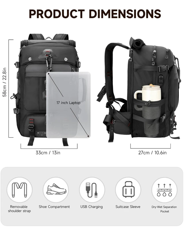 Alt view image 4 of 7 - Travel backpack for men,60L Extra Large Carry on Backpack Durable Convertible Duffle Bag with Shoe Compartment Fit for 17 Inch Laptop for travel, camping,Weekender Hiking