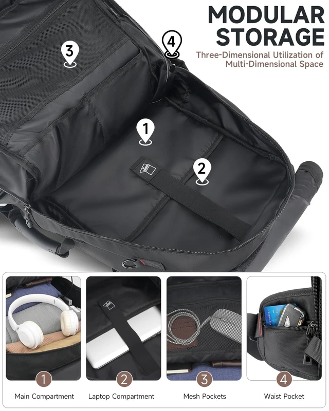 Alt view image 5 of 7 - Travel backpack for men,60L Extra Large Carry on Backpack Durable Convertible Duffle Bag with Shoe Compartment Fit for 17 Inch Laptop for travel, camping,Weekender Hiking