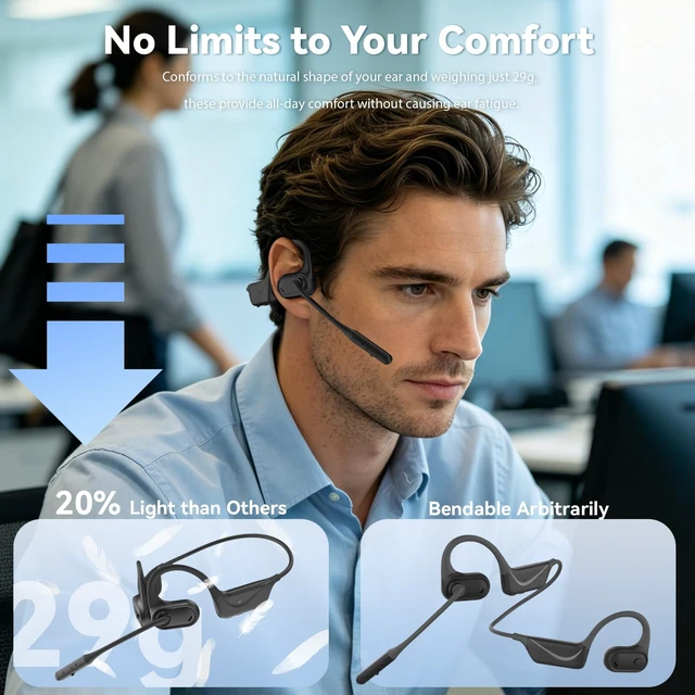 Alt view image 2 of 7 - Open Ear Headphones with Mic, Wireless Headset with Microphone Bluetooth 5.4 Lightweight Noise Cancelling Mute Button, Wireless Headset Earphones for Work, Driving, Home Office, Workouts