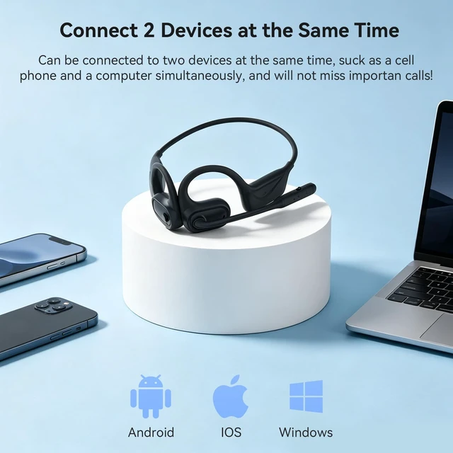 Alt view image 6 of 7 - Open Ear Headphones with Mic, Wireless Headset with Microphone Bluetooth 5.4 Lightweight Noise Cancelling Mute Button, Wireless Headset Earphones for Work, Driving, Home Office, Workouts