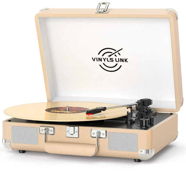 Main image of VINYLSLINK Bluetooth Vinyl Record Player with Treble & Bass Adjustment, Vintage Portable Turntable Suitcase with Built-in Speakers, 3-Speed Belt Drive (33/45/78 RPM), Auto Stop, RCA/AUX/Headphone Jack