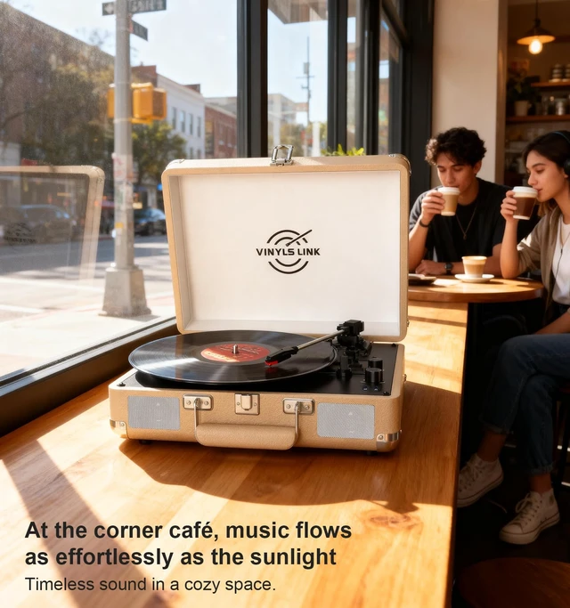 Alt view image 2 of 7 - VINYLSLINK Bluetooth Vinyl Record Player with Treble & Bass Adjustment, Vintage Portable Turntable Suitcase with Built-in Speakers, 3-Speed Belt Drive (33/45/78 RPM), Auto Stop, RCA/AUX/Headphone Jack