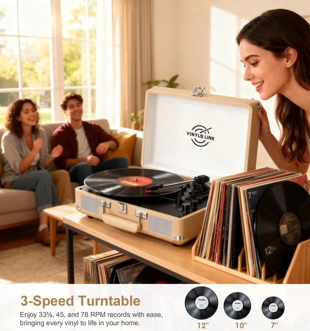 Alt view image 4 of 7 - VINYLSLINK Bluetooth Vinyl Record Player with Treble & Bass Adjustment, Vintage Portable Turntable Suitcase with Built-in Speakers, 3-Speed Belt Drive (33/45/78 RPM), Auto Stop, RCA/AUX/Headphone Jack
