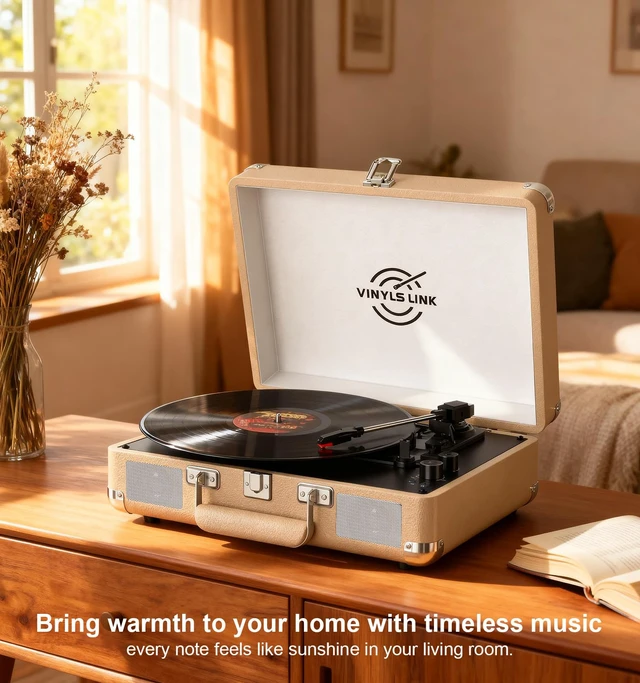 Alt view image 6 of 7 - VINYLSLINK Bluetooth Vinyl Record Player with Treble & Bass Adjustment, Vintage Portable Turntable Suitcase with Built-in Speakers, 3-Speed Belt Drive (33/45/78 RPM), Auto Stop, RCA/AUX/Headphone Jack