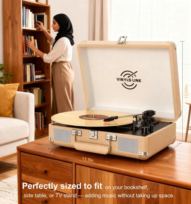 Alt view image 5 of 7 - VINYLSLINK Bluetooth Vinyl Record Player with Treble & Bass Adjustment, Vintage Portable Turntable Suitcase with Built-in Speakers, 3-Speed Belt Drive (33/45/78 RPM), Auto Stop, RCA/AUX/Headphone Jack