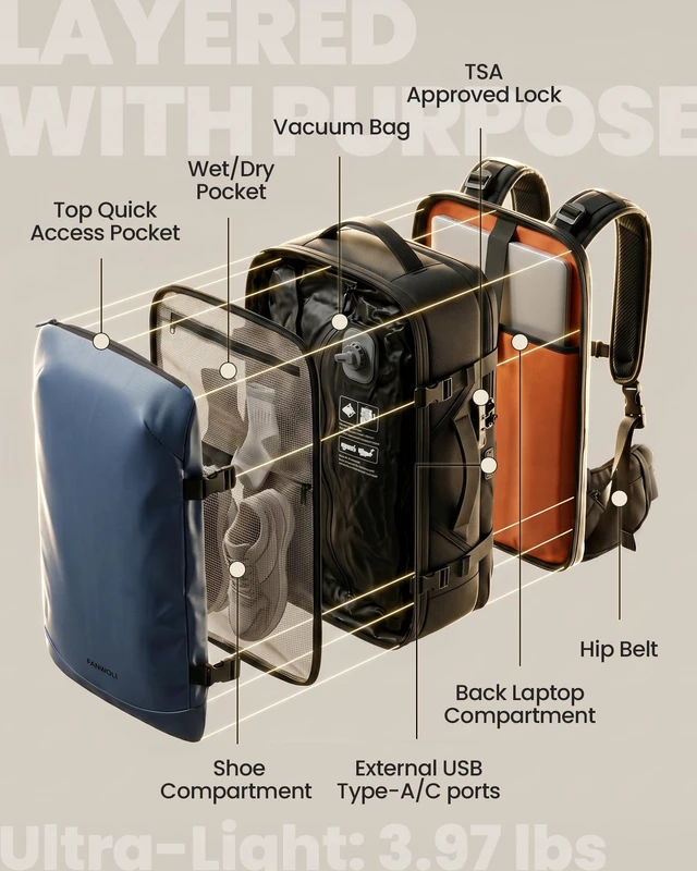 Alt view image 6 of 7 - Vacuum Travel Backpack, One-Button Compression, Carry-On Built-in Electric Pump Ergonomic Hip Belt Expandable TSA Lock Water-Resistant Wet/Dry & Shoe Pockets 17" Laptop