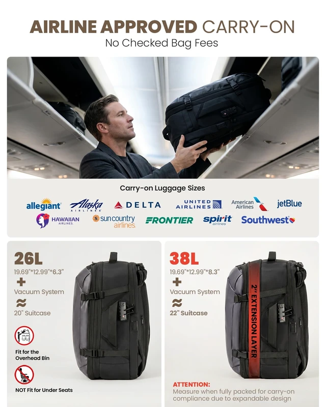 Alt view image 5 of 7 - Vacuum Travel Backpack, One-Button Compression, Carry-On Built-in Electric Pump Ergonomic Hip Belt Expandable TSA Lock Water-Resistant Wet/Dry & Shoe Pockets 17" Laptop