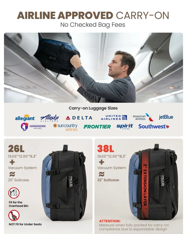Alt view image 5 of 7 - Vacuum Travel Backpack, One-Button Compression, Carry-On Built-in Electric Pump Ergonomic Hip Belt Expandable TSA Lock Water-Resistant Wet/Dry & Shoe Pockets 17" Laptop