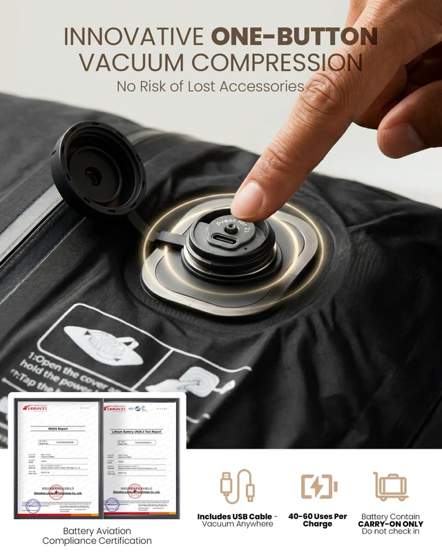 Alt view image 2 of 7 - Vacuum Travel Backpack, One-Button Compression, Carry-On Built-in Electric Pump Ergonomic Hip Belt Expandable TSA Lock Water-Resistant Wet/Dry & Shoe Pockets 17" Laptop
