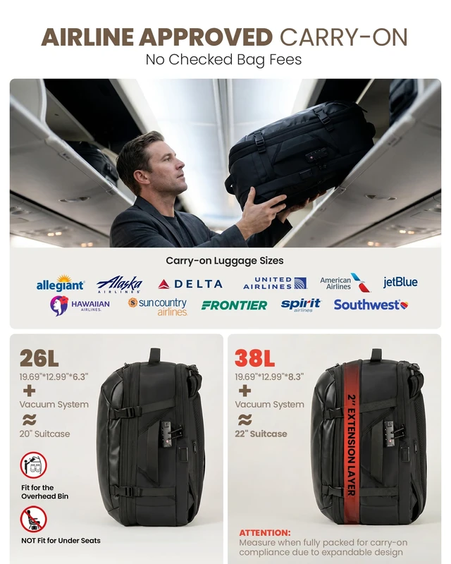 Alt view image 5 of 7 - Vacuum Travel Backpack, One-Button Compression, Carry-On Built-in Electric Pump Ergonomic Hip Belt Expandable TSA Lock Water-Resistant Wet/Dry & Shoe Pockets 17" Laptop