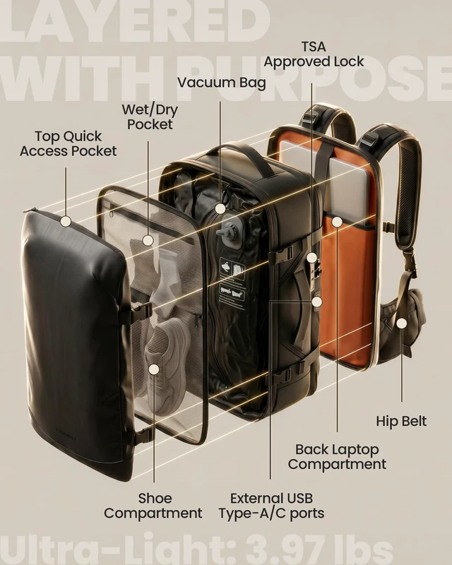 Alt view image 6 of 7 - Vacuum Travel Backpack, One-Button Compression, Carry-On Built-in Electric Pump Ergonomic Hip Belt Expandable TSA Lock Water-Resistant Wet/Dry & Shoe Pockets 17" Laptop