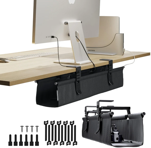 Main image of Original Under Desk Cable Management Tray, Black, 27.3" No Drill, Premium Fabric, Clamp/Screw Mount Cord Organizer, Supports Up to 66lbs