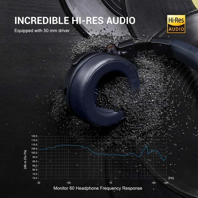 Alt view image 7 of 7 - Monitor 60 Professional Studio Headphones for Recording and Mixing Hi-Res wired monitoring with soft earmuffs and 6.35mm adapter for recording, tracking, mixing, DJing and broadcast