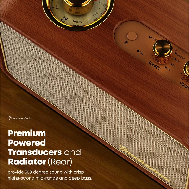 Alt view image 3 of 7 - Bluetooth Speaker with AM/FM Radio, Vintage, Portable, Wood Retro Wireless Speaker, 10H Playtime, Charge-While-Play, Aux/Antenna, Interchangeable Panel, Wood Frame