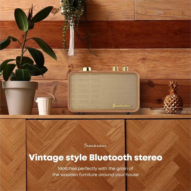 Alt view image 6 of 7 - Bluetooth Speaker with AM/FM Radio, Vintage, Portable, Wood Retro Wireless Speaker, 10H Playtime, Charge-While-Play, Aux/Antenna, Interchangeable Panel, Wood Frame