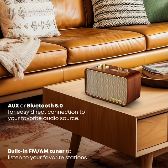 Alt view image 4 of 7 - Bluetooth Speaker with AM/FM Radio, Vintage, Portable, Wood Retro Wireless Speaker, 10H Playtime, Charge-While-Play, Aux/Antenna, Interchangeable Panel, Wood Frame