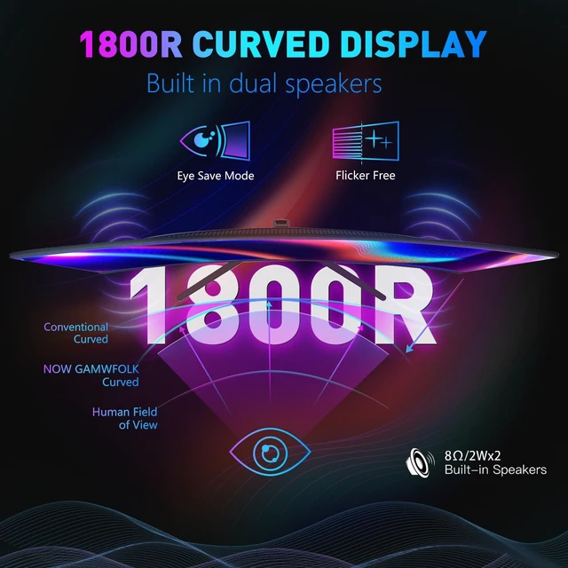 Alt view image 2 of 7 - 24-inch Curved Gaming Monitor, FHD 180Hz 1ms Computer Monitor, 1800R, AMD FreeSync & G-Sync Compatible, HDMI DP VESA Built-in Speakers