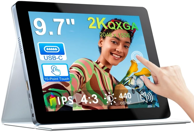 Main image of 9.7" 2K Portable Monitor Touchscreen, 2048x1536 IPS Display with 10-Point Touch, HDMI & Dual USB-C, CNC Aluminum Body, Built-in Speaker, Protective Case for PC/Phone/Travel/Home Office
