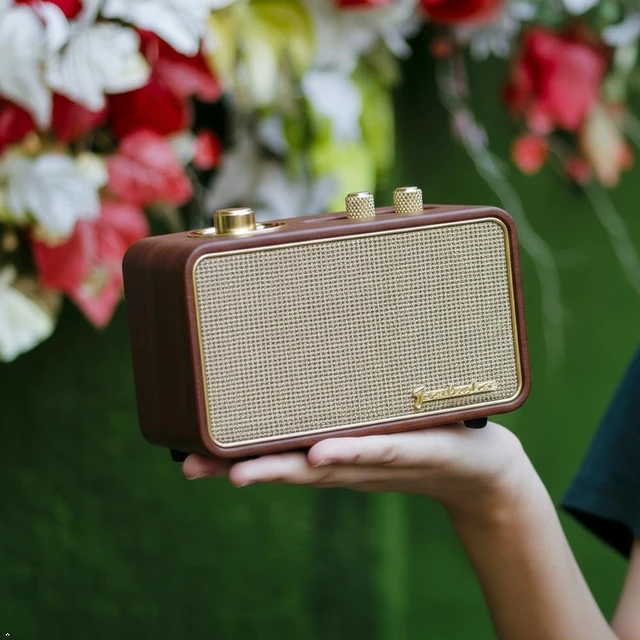 Alt view image 7 of 7 - Bluetooth Speaker with AM/FM Radio, Vintage, Portable, Wood Retro Wireless Speaker, 10H Playtime, Charge-While-Play, Aux/Antenna, Interchangeable Panel, Wood Frame