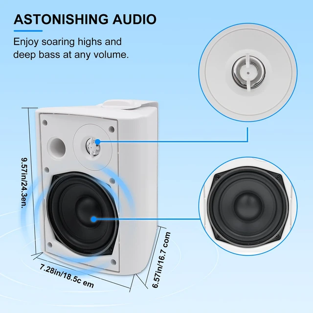 Alt view image 3 of 7 - 5.25 Inch 300 Watts Indoor Outdoor Bluetooth Speakers Waterproof Wall Mount Speakers Wired System All Weather Resistant for Patio Porch Home Theater Backyard(White)