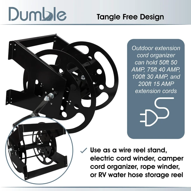 Alt view image 3 of 7 - RV Extension Cord Reel Stand - 50-100ft Black Steel RV Electrical Cord Roll Up or Camper Hose Organizer Spool