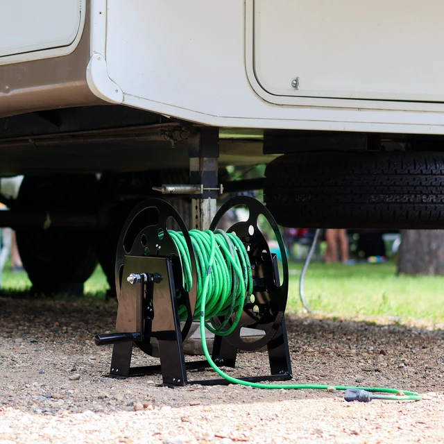 Alt view image 6 of 7 - RV Extension Cord Reel Stand - 50-100ft Black Steel RV Electrical Cord Roll Up or Camper Hose Organizer Spool