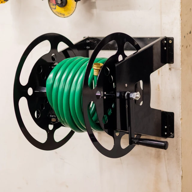 Alt view image 7 of 7 - RV Extension Cord Reel Stand - 50-100ft Black Steel RV Electrical Cord Roll Up or Camper Hose Organizer Spool