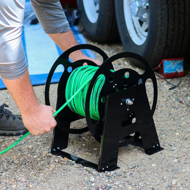 Alt view image 5 of 7 - RV Extension Cord Reel Stand - 50-100ft Black Steel RV Electrical Cord Roll Up or Camper Hose Organizer Spool