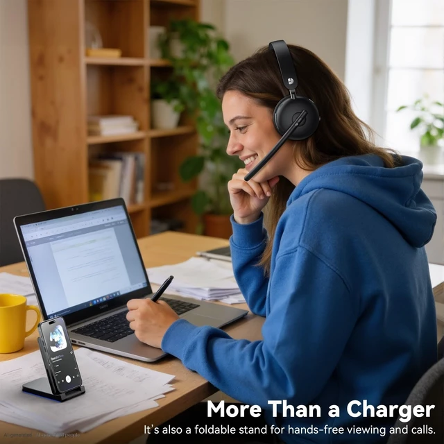 Alt view image 5 of 7 - Wireless Headset with Mic for Work-Bluetooth 5.3 Headset with Microphone Noise Cancelling, Wireless Headsets with 65H Battery & 10Min Fast Charge, Smart Charging Dock for PC/Laptop/Team, Black
