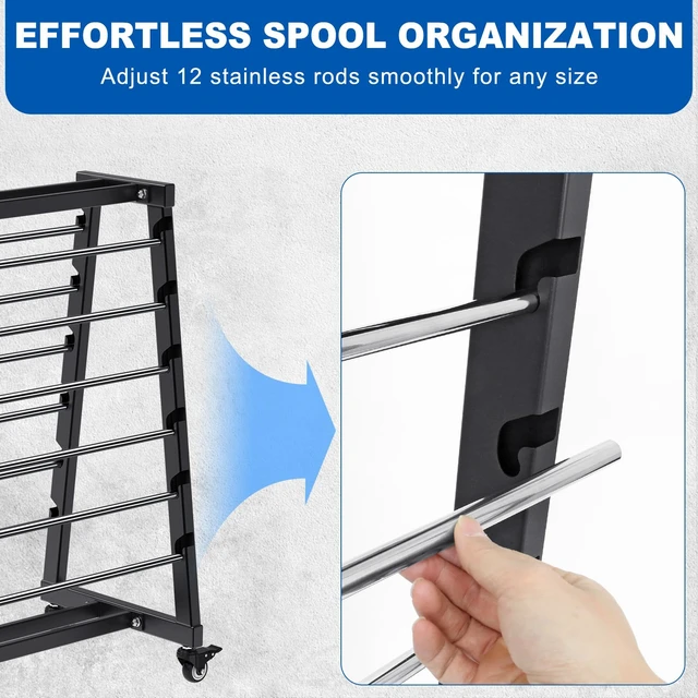 Alt view image 3 of 7 - Heavy Duty Mobile Wire Spool Rack - 12-Rod Adjustable Cable Reel Holder with Locking Swivel Casters, Alloy Steel Frame for Industrial, Electrical, Workshop, 400LB Capacity