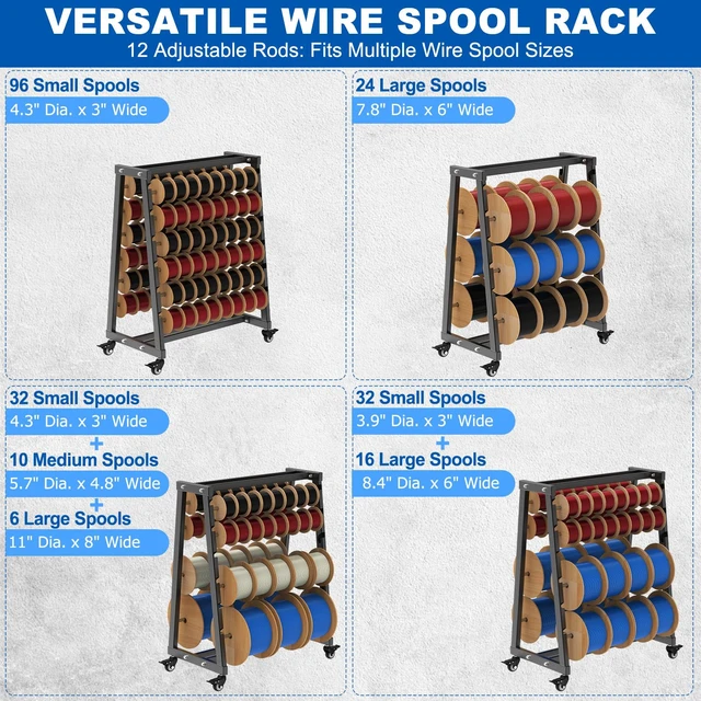 Alt view image 2 of 7 - Heavy Duty Mobile Wire Spool Rack - 12-Rod Adjustable Cable Reel Holder with Locking Swivel Casters, Alloy Steel Frame for Industrial, Electrical, Workshop, 400LB Capacity