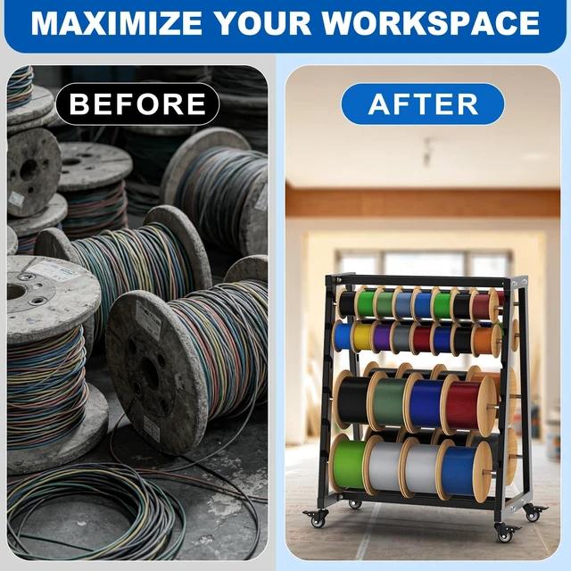 Alt view image 6 of 7 - Heavy Duty Mobile Wire Spool Rack - 12-Rod Adjustable Cable Reel Holder with Locking Swivel Casters, Alloy Steel Frame for Industrial, Electrical, Workshop, 400LB Capacity