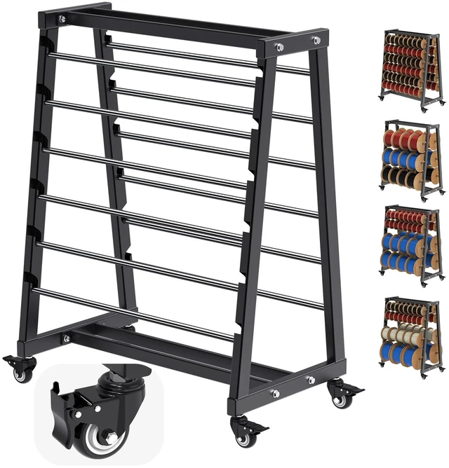 Main image of Heavy Duty Mobile Wire Spool Rack - 12-Rod Adjustable Cable Reel Holder with Locking Swivel Casters, Alloy Steel Frame for Industrial, Electrical, Workshop, 400LB Capacity