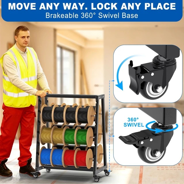 Alt view image 4 of 7 - Heavy Duty Mobile Wire Spool Rack - 12-Rod Adjustable Cable Reel Holder with Locking Swivel Casters, Alloy Steel Frame for Industrial, Electrical, Workshop, 400LB Capacity