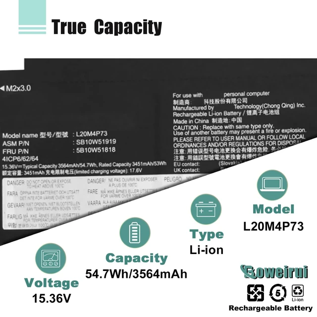 Alt view image 3 of 7 - 54.7Wh L20M4P73 L20C4P73 Laptop Battery Replacement for Lenovo ThinkPad X13 Gen2 (2021) X13 Gen3 (2022) Series L20L4P73 L20D4P73 5B10W51818 5B10W51853 15.36V 3564mAh