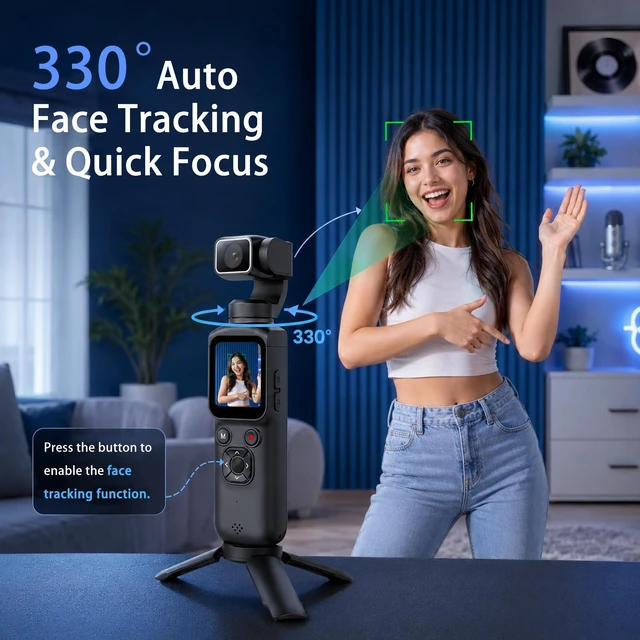 Alt view image 3 of 7 - 4K Pocket Vlogging Camera, WiFi Handheld Gimbal Blogging Cam 330° Rotating Lens & Face Tracking, 4k Video & 75mp Photos, Wifi Sharing & Webcam Function, 1.72" Touch Screen for Beginner