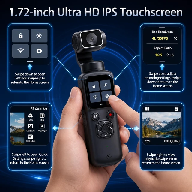 Alt view image 4 of 7 - 4K Pocket Vlogging Camera, WiFi Handheld Gimbal Blogging Cam 330° Rotating Lens & Face Tracking, 4k Video & 75mp Photos, Wifi Sharing & Webcam Function, 1.72" Touch Screen for Beginner
