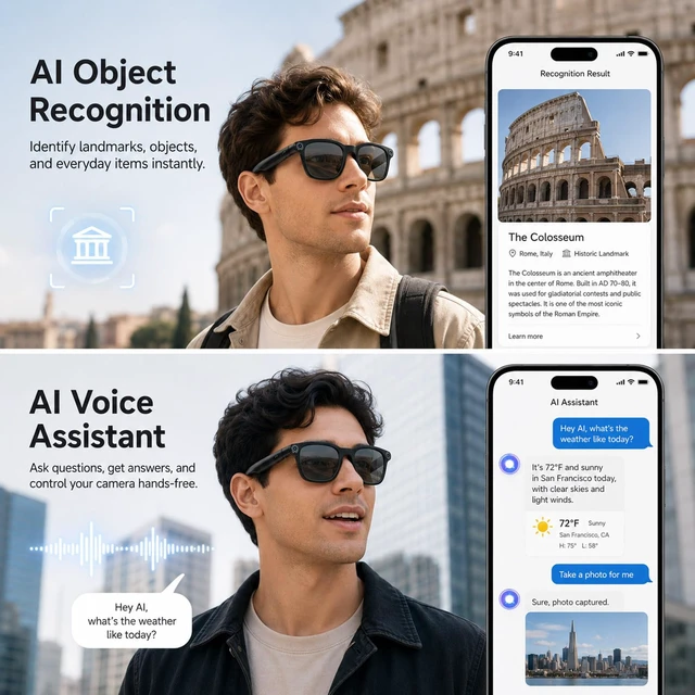 Alt view image 3 of 7 - AI Smart Glasses with Camera, 4K Video & 8MP Photo Capture Real-Time Translation, AI Assistant, Object Recognition, Open-Ear Audio & Calls for Travel, Vlogging & Business