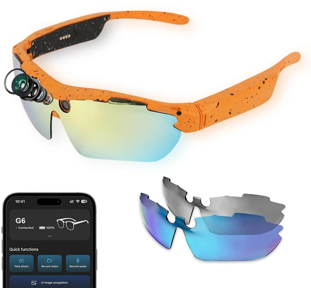Main image of AI Smart Sports Glasses with 8MP Camera, 4K Video Recording Glasses Camera glasses with Anti-Shake Camera,Color Replaceable Lenses,Translation, AI Assistant,Object Recognition, IP64 Waterproof
