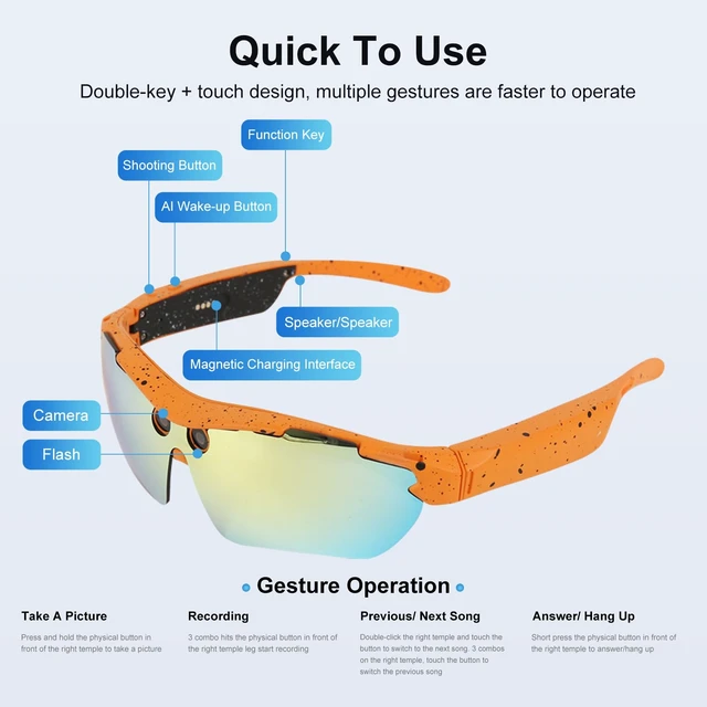 Alt view image 4 of 7 - AI Smart Sports Glasses with 8MP Camera, 4K Video Recording Glasses Camera glasses with Anti-Shake Camera,Color Replaceable Lenses,Translation, AI Assistant,Object Recognition, IP64 Waterproof
