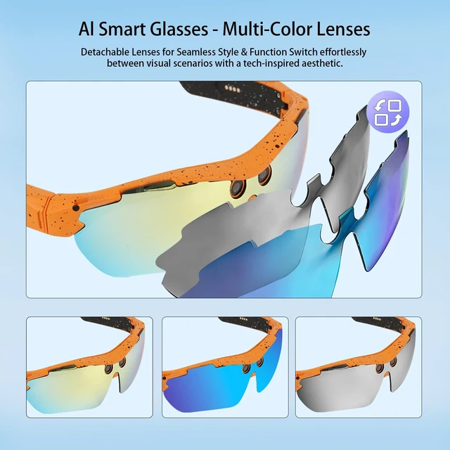 Alt view image 6 of 7 - AI Smart Sports Glasses with 8MP Camera, 4K Video Recording Glasses Camera glasses with Anti-Shake Camera,Color Replaceable Lenses,Translation, AI Assistant,Object Recognition, IP64 Waterproof