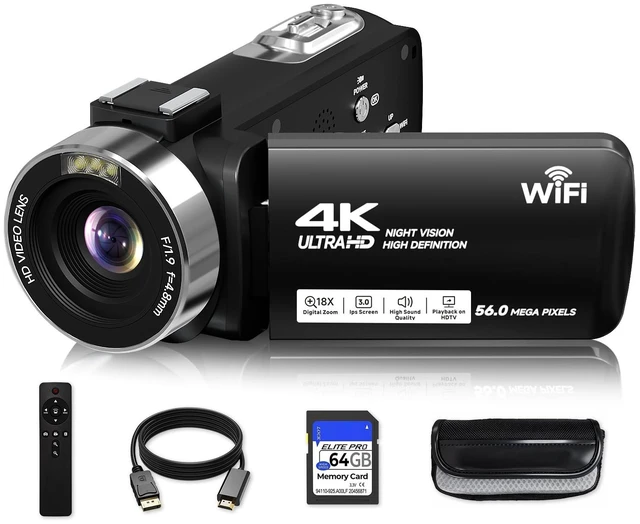 Main image of Video Camera, 4K Camcorder 56MP Digital Video Recorder 18X Zoom 3" 270° Rotation Touchscreen IR Night Vision, Wifi Vlogging Camera for YouTube 64GB Card Anti-Shake Remote Control Camera Bag Lens Cap