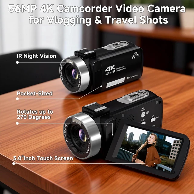 Alt view image 3 of 7 - Video Camera, 4K Camcorder 56MP Digital Video Recorder 18X Zoom 3" 270° Rotation Touchscreen IR Night Vision, Wifi Vlogging Camera for YouTube 64GB Card Anti-Shake Remote Control Camera Bag Lens Cap