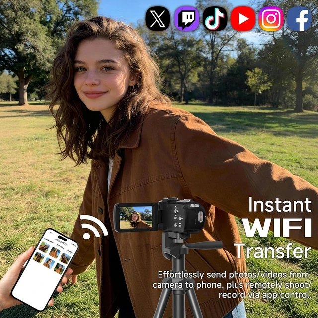 Alt view image 5 of 7 - Video Camera, 4K Camcorder 56MP Digital Video Recorder 18X Zoom 3" 270° Rotation Touchscreen IR Night Vision, Wifi Vlogging Camera for YouTube 64GB Card Anti-Shake Remote Control Camera Bag Lens Cap