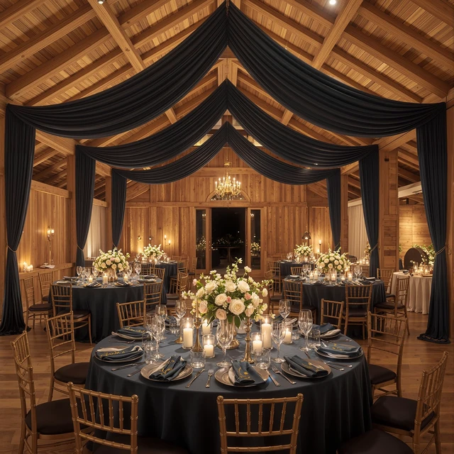 Alt view image 2 of 7 - 20x20ft Black Ceiling Drapes for Wedding, 4 Panels 5×20ft Wrinkle-Free Silky Draping Fabric Ceiling Curtains for Tent Canopy Church Event Reception Stage Backdrop