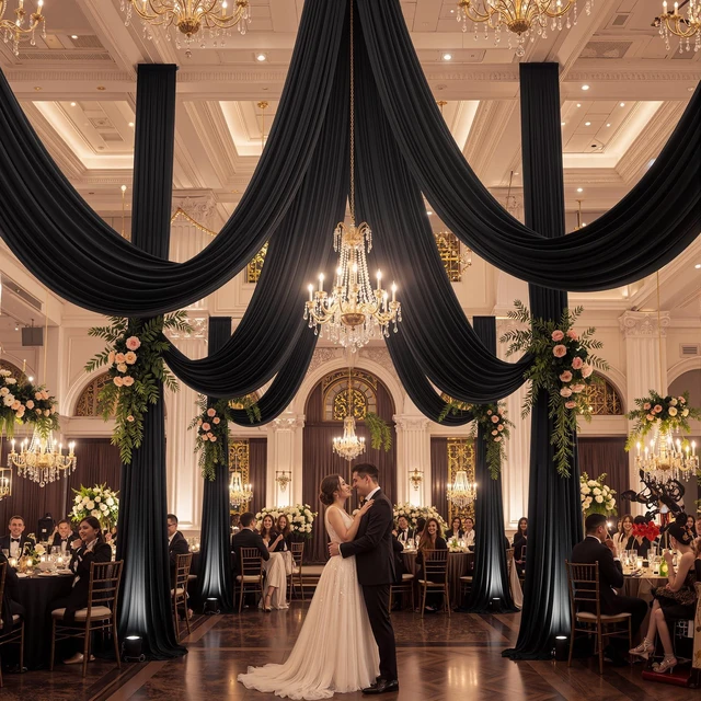 Main image of 20x20ft Black Ceiling Drapes for Wedding, 4 Panels 5×20ft Wrinkle-Free Silky Draping Fabric Ceiling Curtains for Tent Canopy Church Event Reception Stage Backdrop