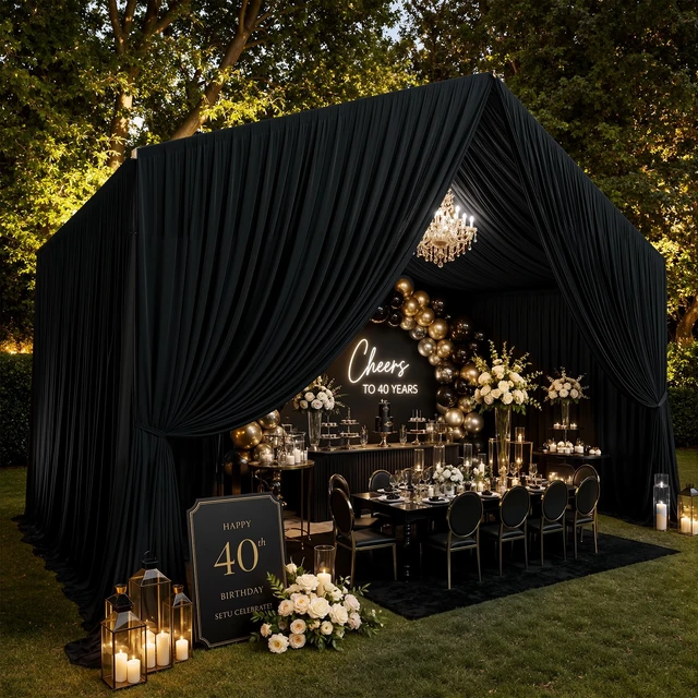Alt view image 4 of 7 - 20x20ft Black Ceiling Drapes for Wedding, 4 Panels 5×20ft Wrinkle-Free Silky Draping Fabric Ceiling Curtains for Tent Canopy Church Event Reception Stage Backdrop